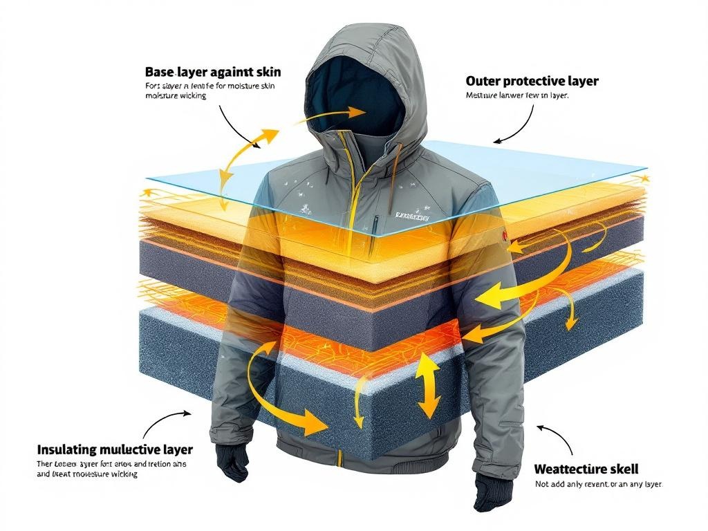 Diagramă explicativă cu cele trei straturi fundamentale ale îmbrăcămintei de iarnă