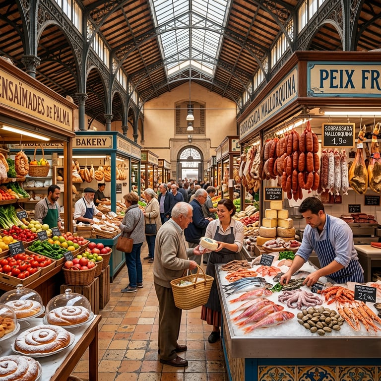 Piața tradițională Mercat de l'Olivar din Palma cu standuri colorate de produse locale mallorquine