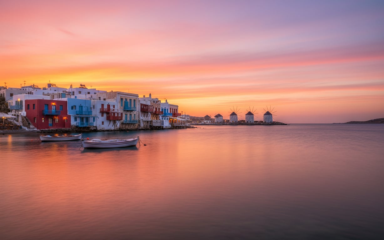 Apus spectaculos la Little Venice Mykonos cu mori de vânt în fundal