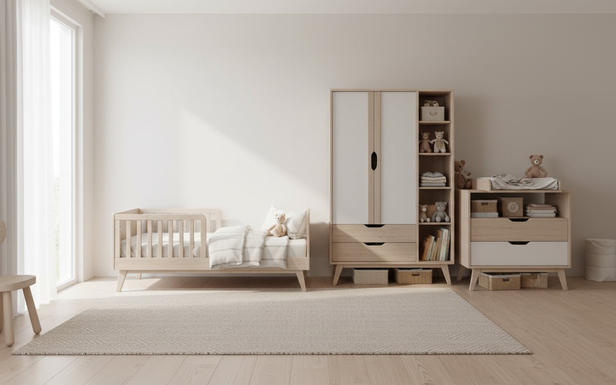 Cameră de copil adaptabilă cu mobilier neutru și accesorii personalizabile