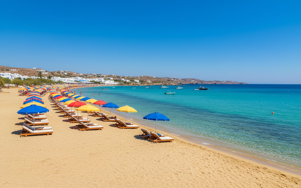 Plajă cu nisip auriu și apă turcoaz în Mykonos cu șezlonguri colorate