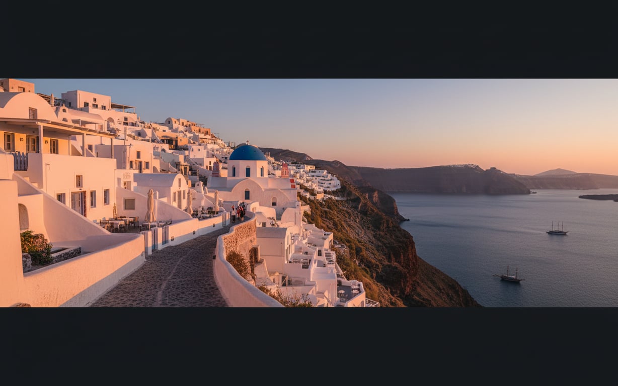 Promenada din Fira Santorini cu vedere spectaculoasă asupra calderei vulcanice la apus