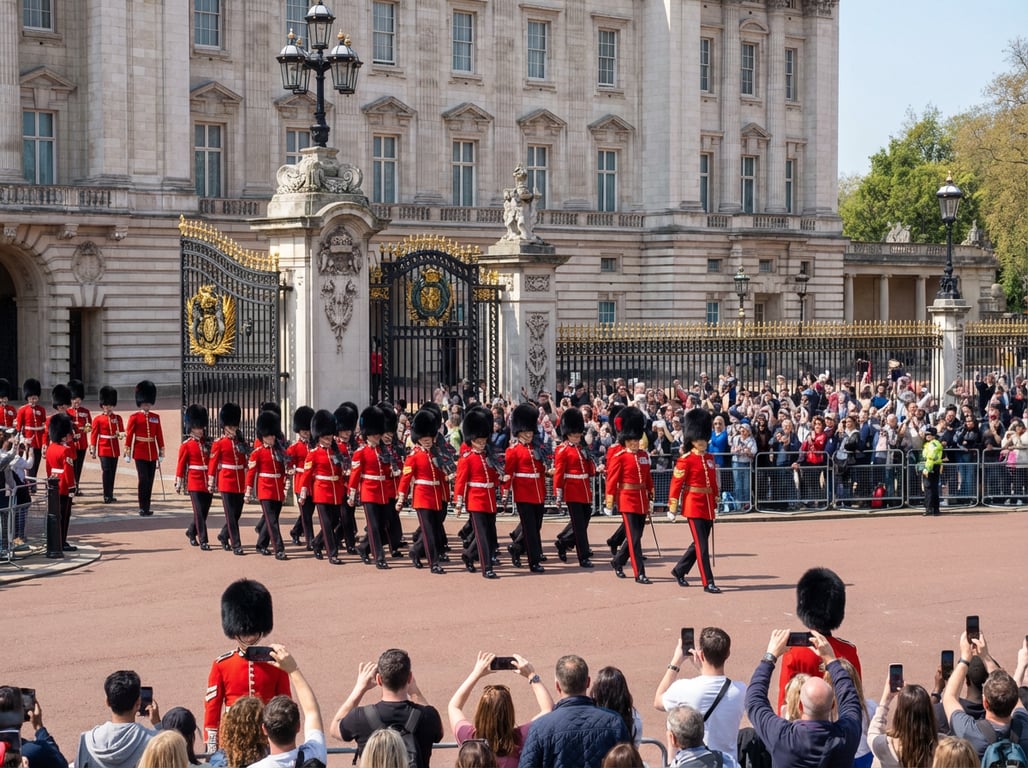 Ceremonia Schimbării Gărzii la Buckingham Palace cu soldați în uniforme roșii tradiționale