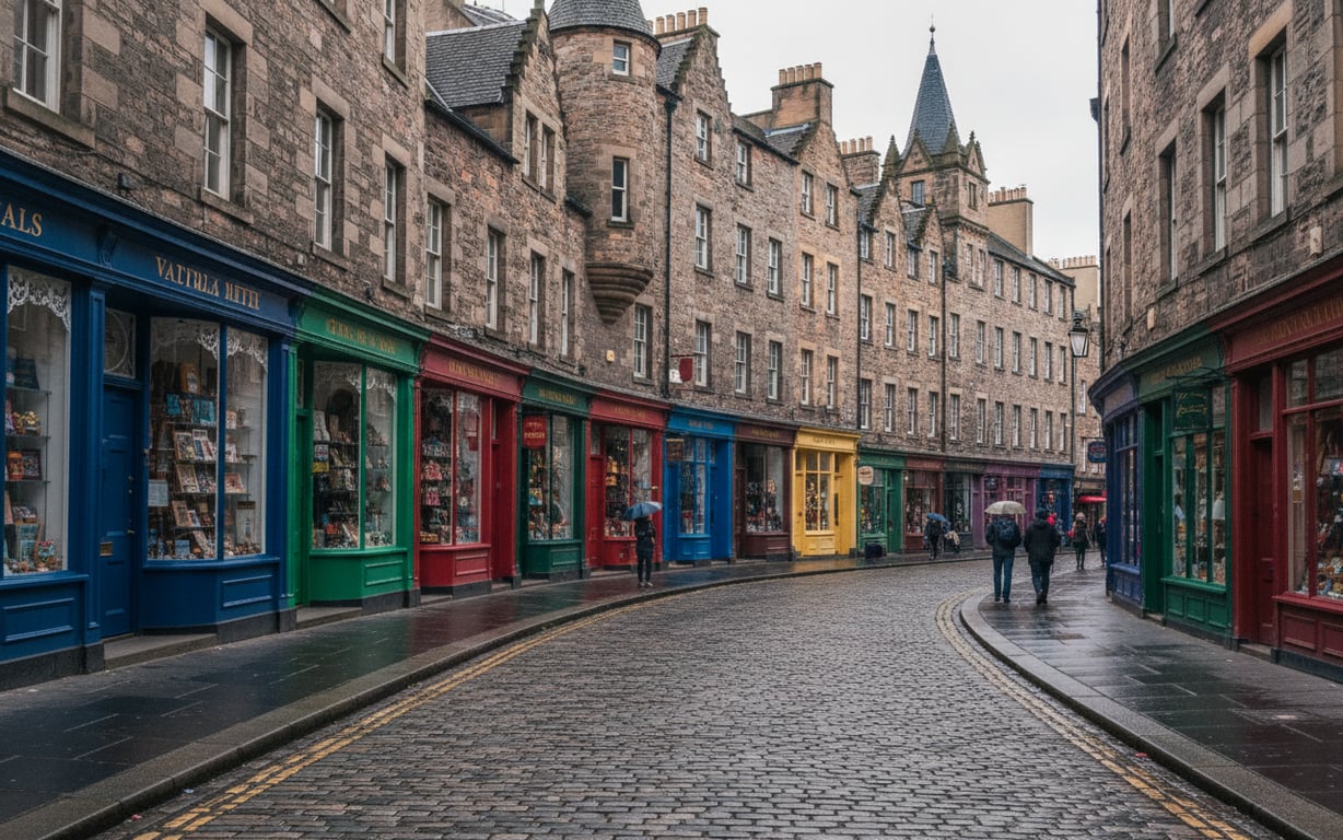 Stradă medievală pietruită din Old Town Edinburgh cu clădiri gotice colorate