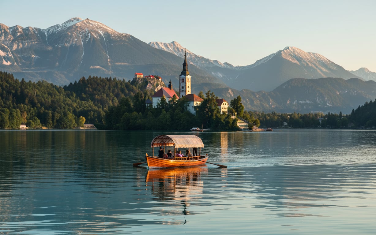 Barcă tradițională pletna pe lacul Bled cu insula și biserica în fundal