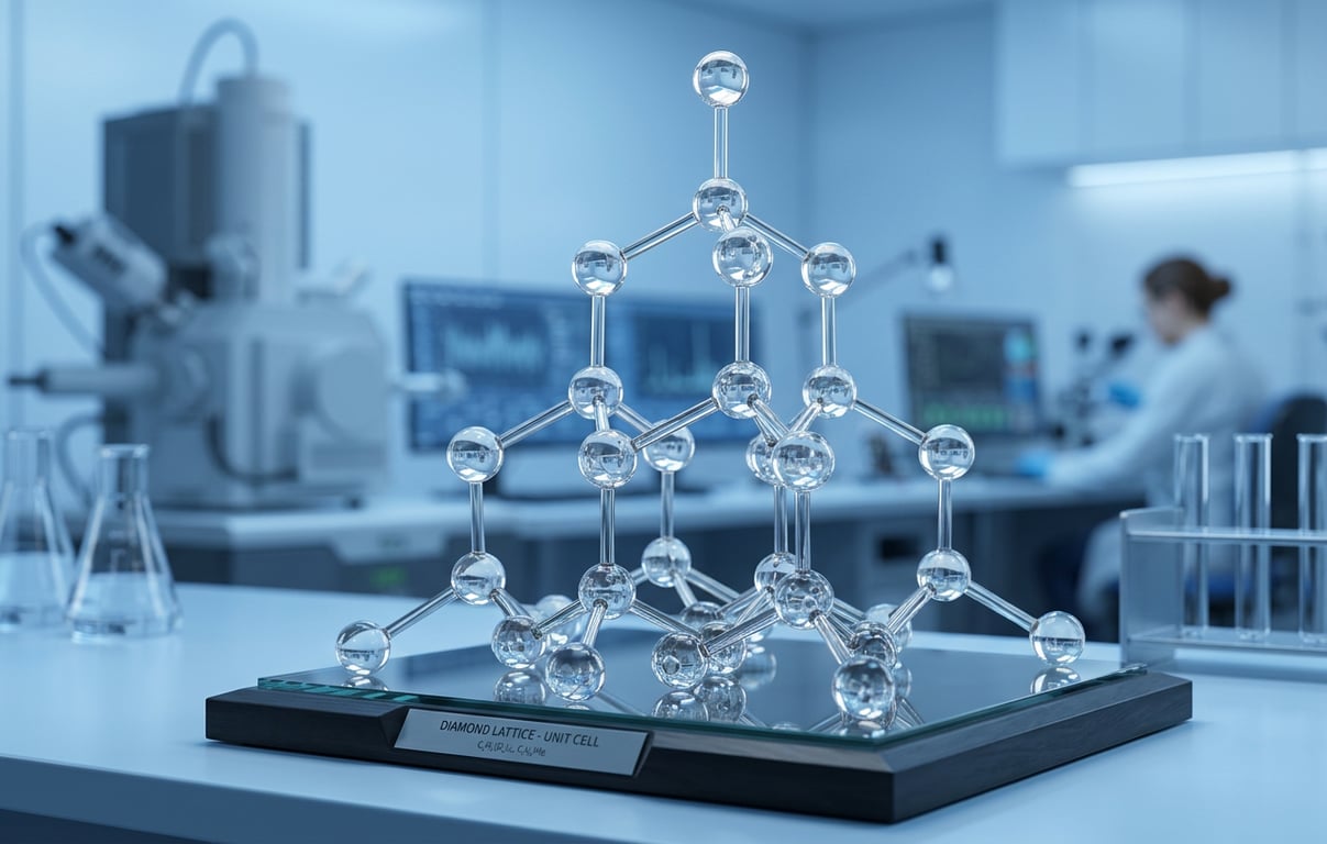 Reprezentare vizuală a structurii cristalice a carbonului în diamant la nivel molecular