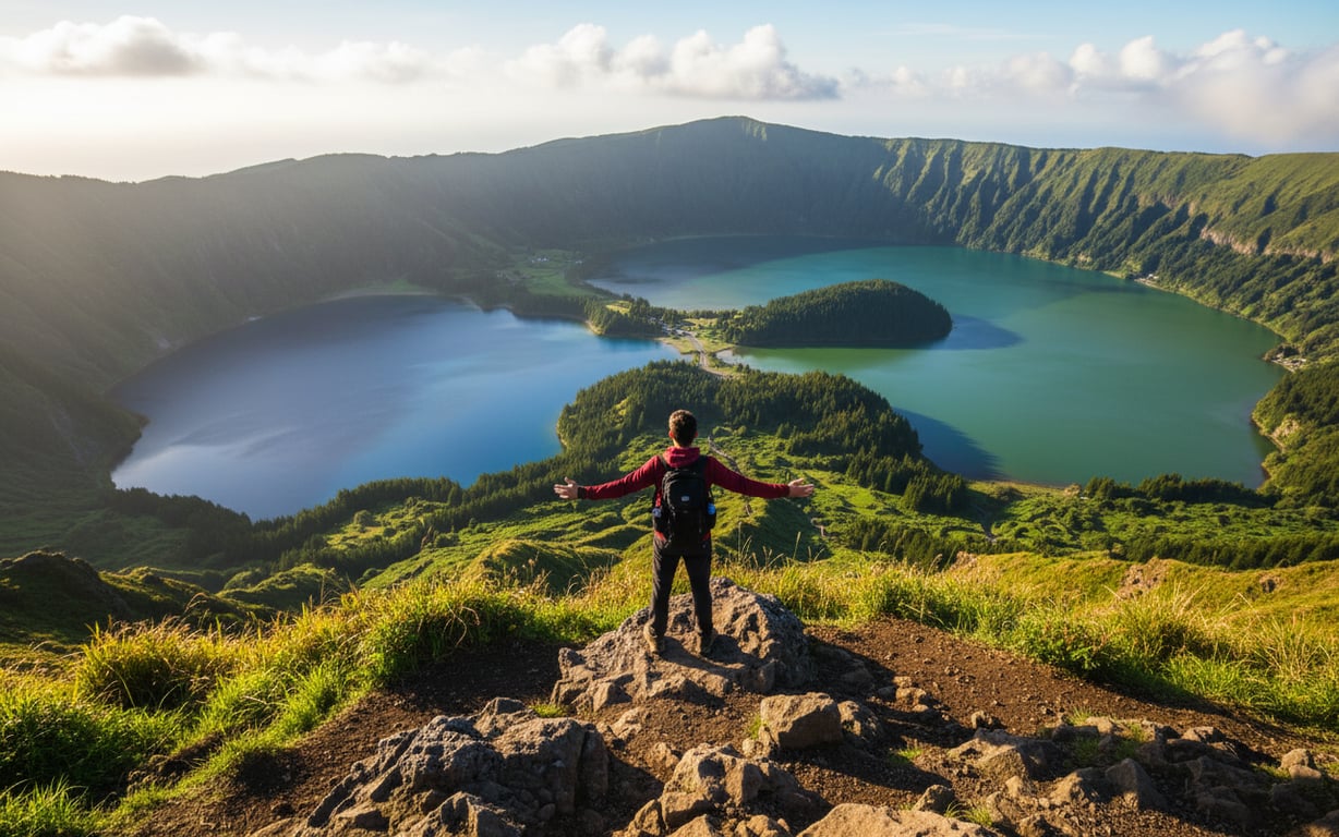 Turist admirând craterul Sete Cidades cu cele două lacuri colorate din São Miguel