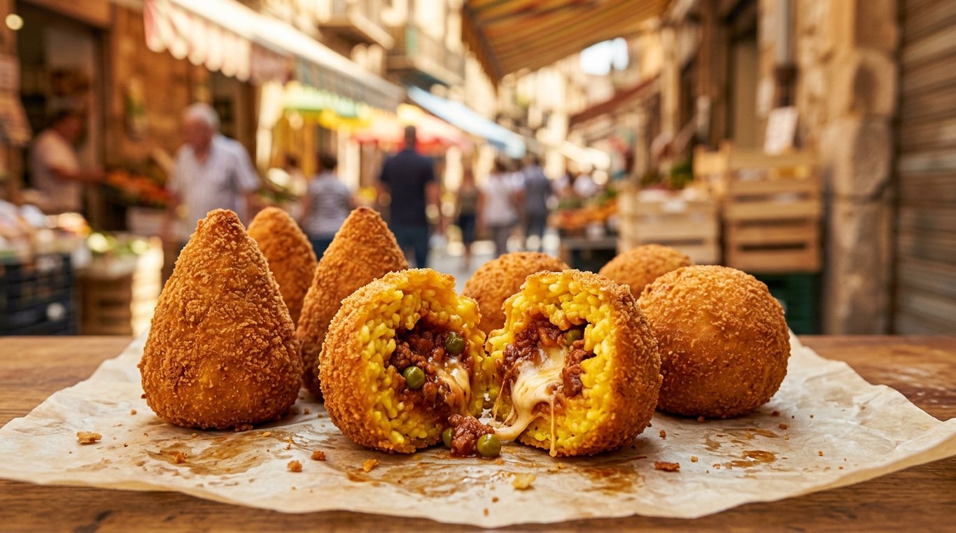 Arancini sicilieni aurii, conici și rotunzi, pe hârtie în stradă