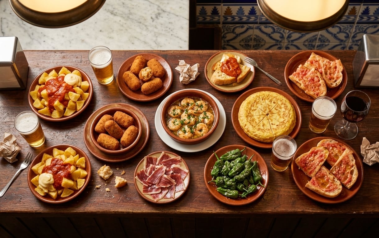 Selecție variată de tapas spaniole tradiționale servite pe farfurii mici la un bar madrilenian