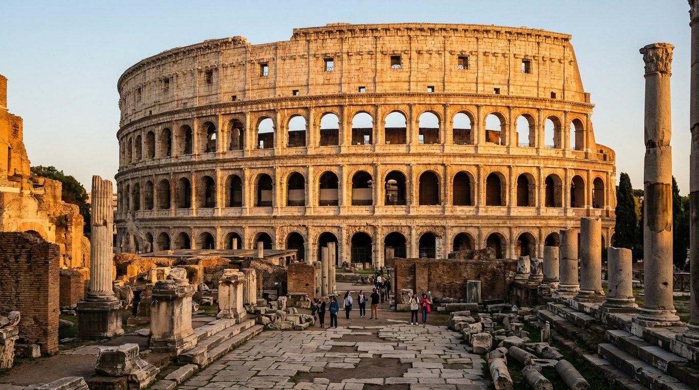Colosseumul roman la apus cu ruinele Forumului Roman în prim-plan și lumină aurie