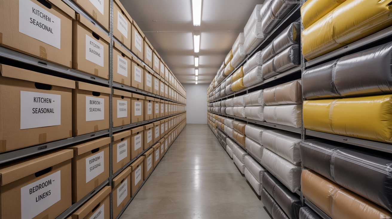 Well-organized storage unit with labeled boxes and clear pathways
