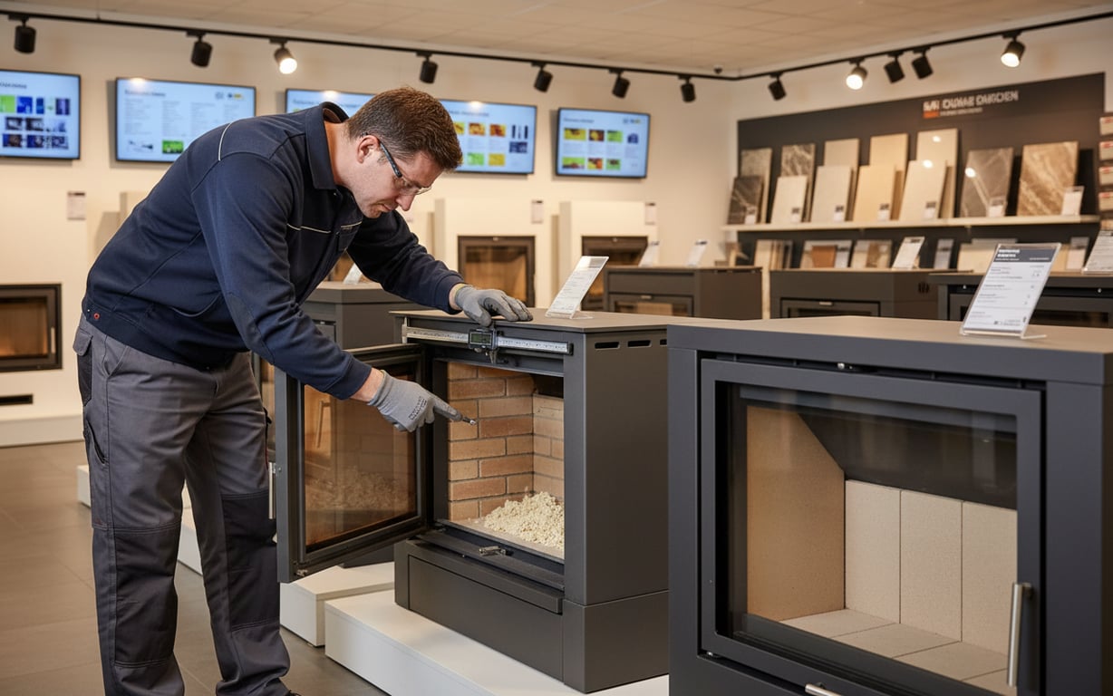 Specialist verificând calitatea focarului de semineu în showroom