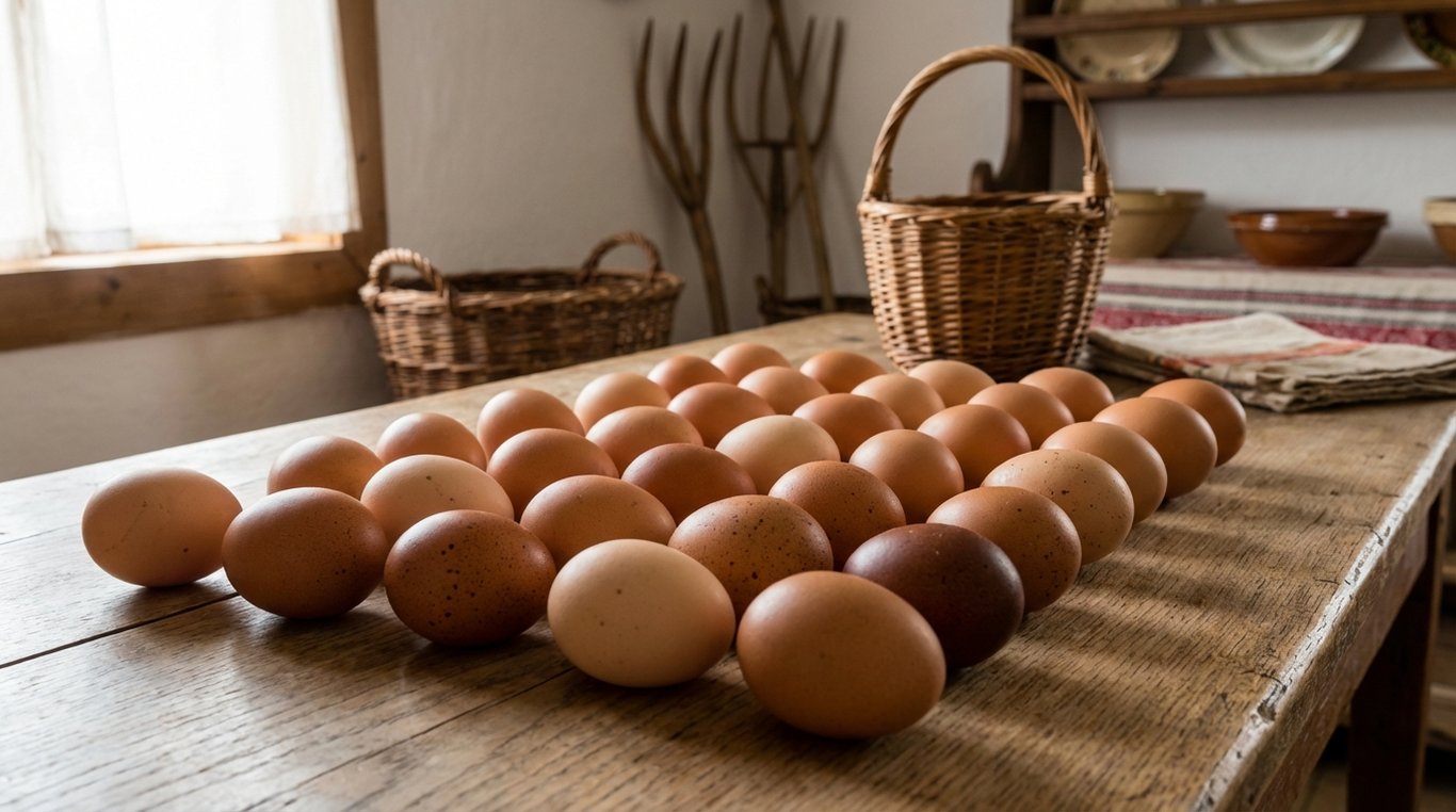 Ouă de găină selectate pentru incubare așezate pe o suprafață curată