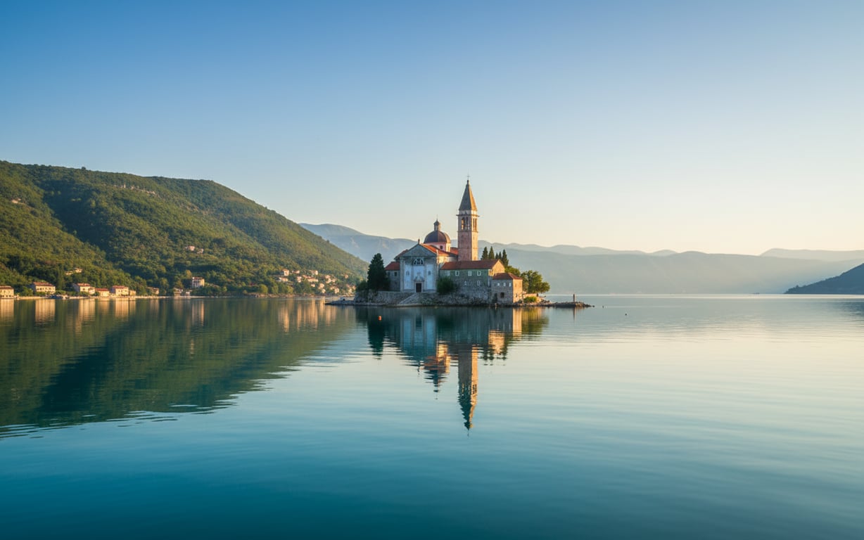 Insula Our Lady of the Rocks din Golful Kotor cu biserica istorică