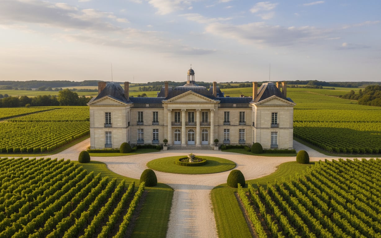 Fațada elegantă a castelului Château Margaux printre vii, regiunea Médoc