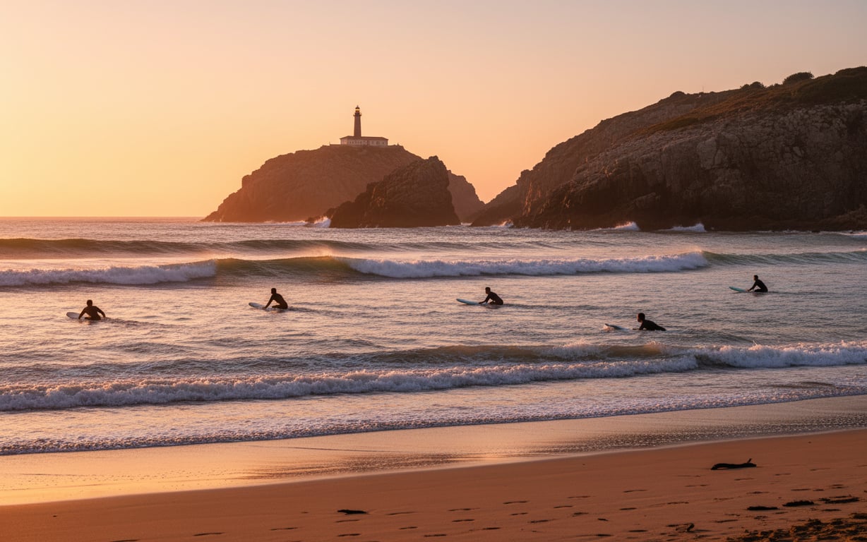 Surferi pe valurile plajei Côte des Basques din Biarritz la apus