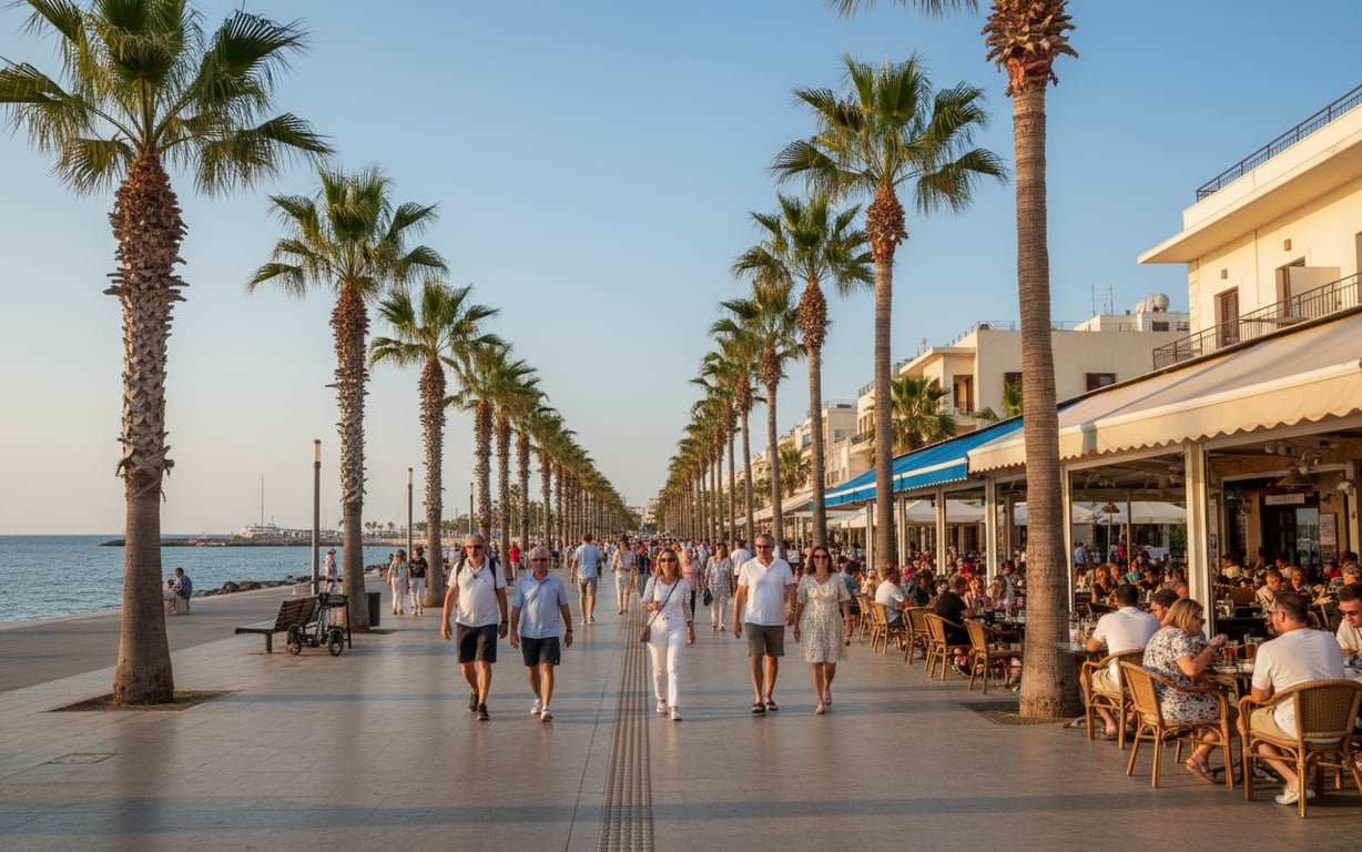 Promenada Finikoudes din Larnaca cu palmieri și mare albastră