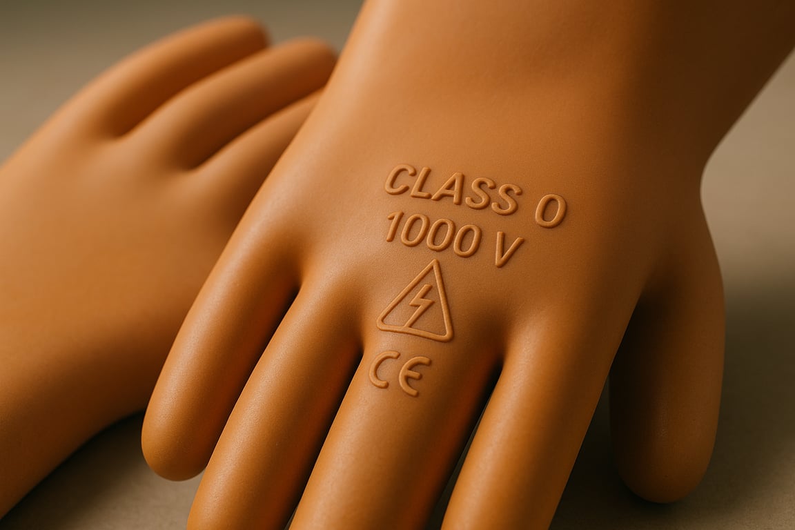 Close-up shot of a pair of electrician's insulated gloves, showcasing their material and construction, with clear markings indicating their voltage rating and certification, soft lighting, focus on the gloves and their protective features, emphasizing the importance of using certified and properly rated safety equipment.