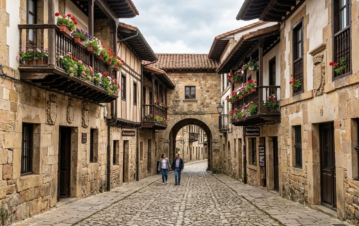 Străzi medievale pietruite în Santillana del Mar cu clădiri istorice și balcoane din lemn