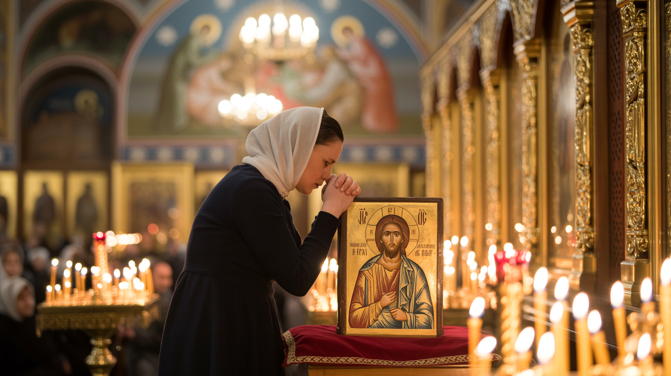 O mamă rugându-se pentru fiul ei, cu o expresie de speranță.