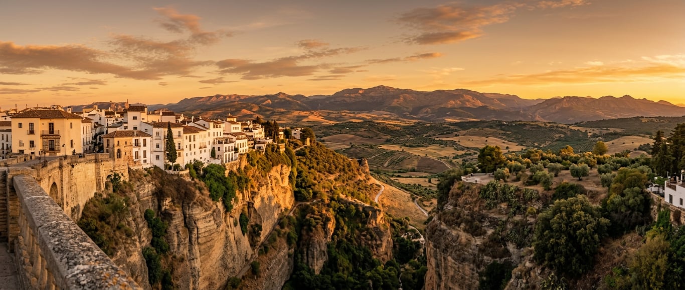 Vedere panoramică de la Mirador de Ronda asupra văii Tajo și munților Andaluziei