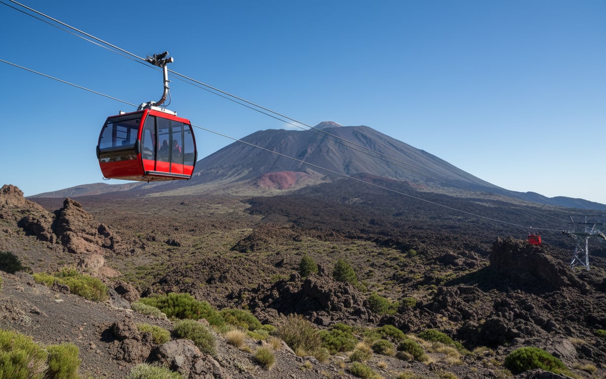 Telecabina Etna urcând pe versantul sudic al vulcanului spre cratere