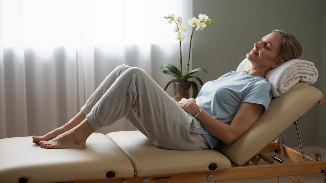 Pacient odihnindu-se după o ședință de fizioterapie, relaxare musculară