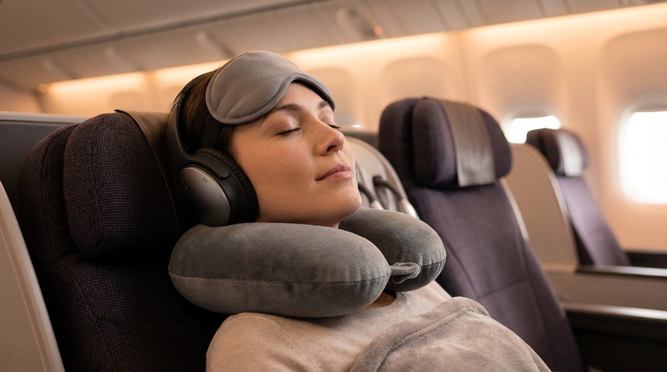 Pasager relaxat in avion folosind accesorii de confort pentru calatorie lunga