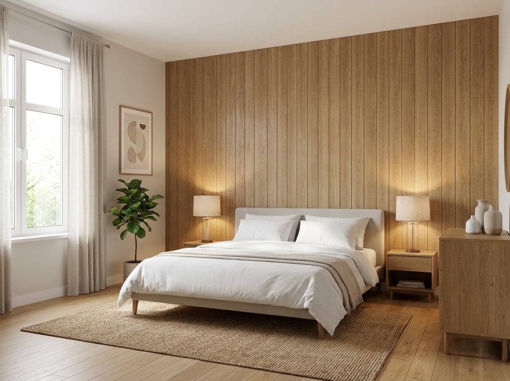Dormitor modern cu perete accent din lambriu PVC imitație lemn în spatele patului