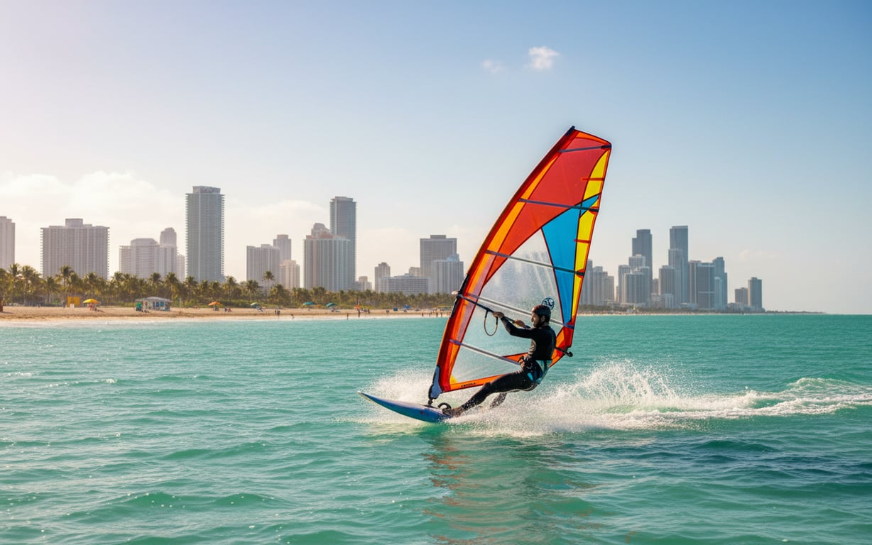 Persoană practicând windsurfing pe apele din apropierea plajelor Miami