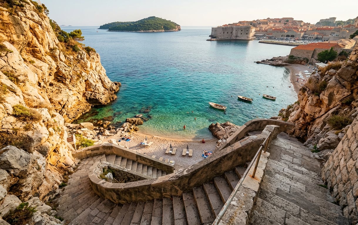 Plaja Sveti Jakov cu scara de acces și priveliște spre Orașul Vechi Dubrovnik
