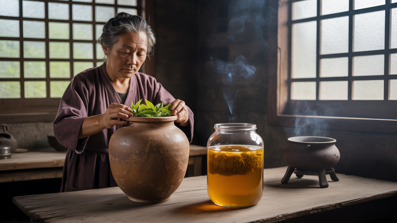 Traditionelle Kombucha-Zubereitung in China vor 2000 Jahren