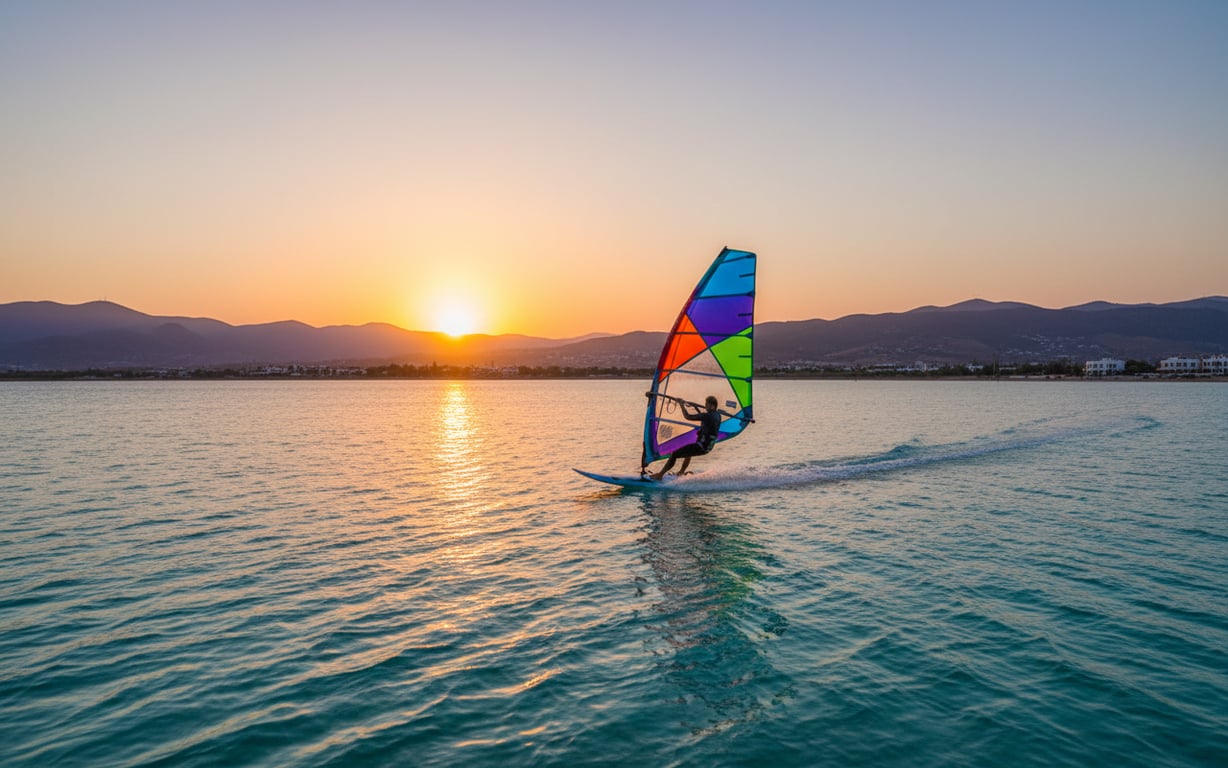 Turist care practică windsurfing pe apele line ale peninsulei Cesme la apus