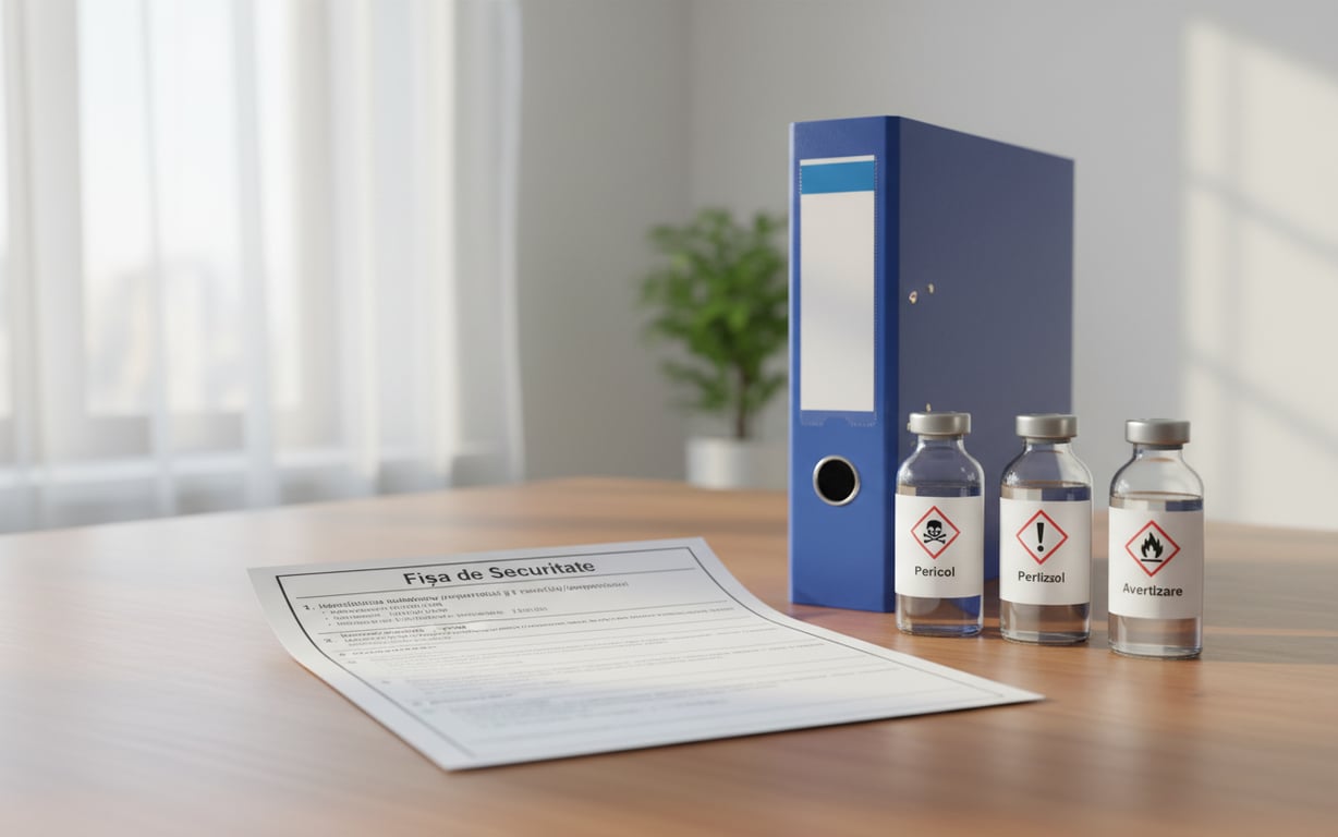Fisa de securitate pe birou, lângă recipiente cu pictograme GHS corecte.