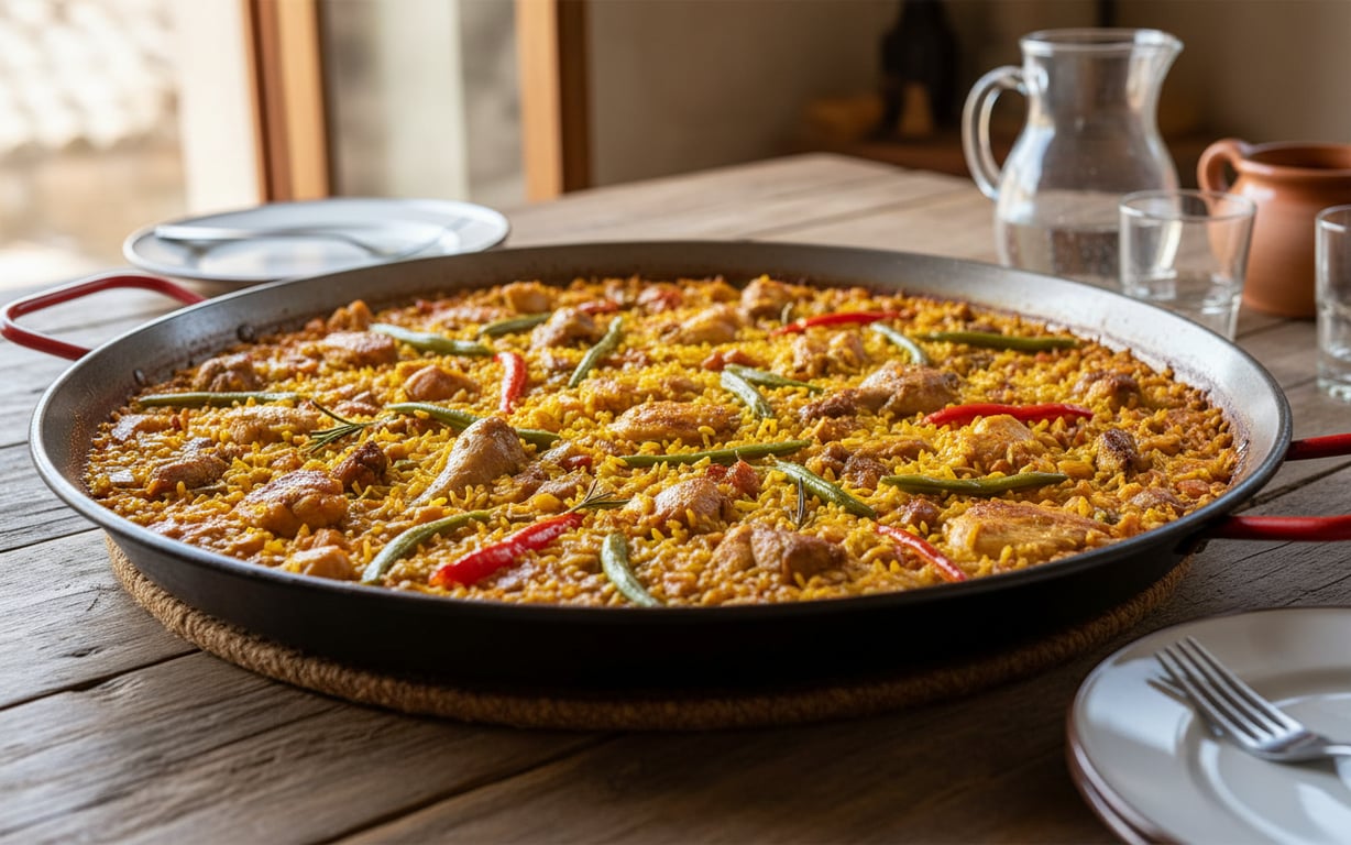Paella valenciană autentică servită într-o tigaie tradițională mare
