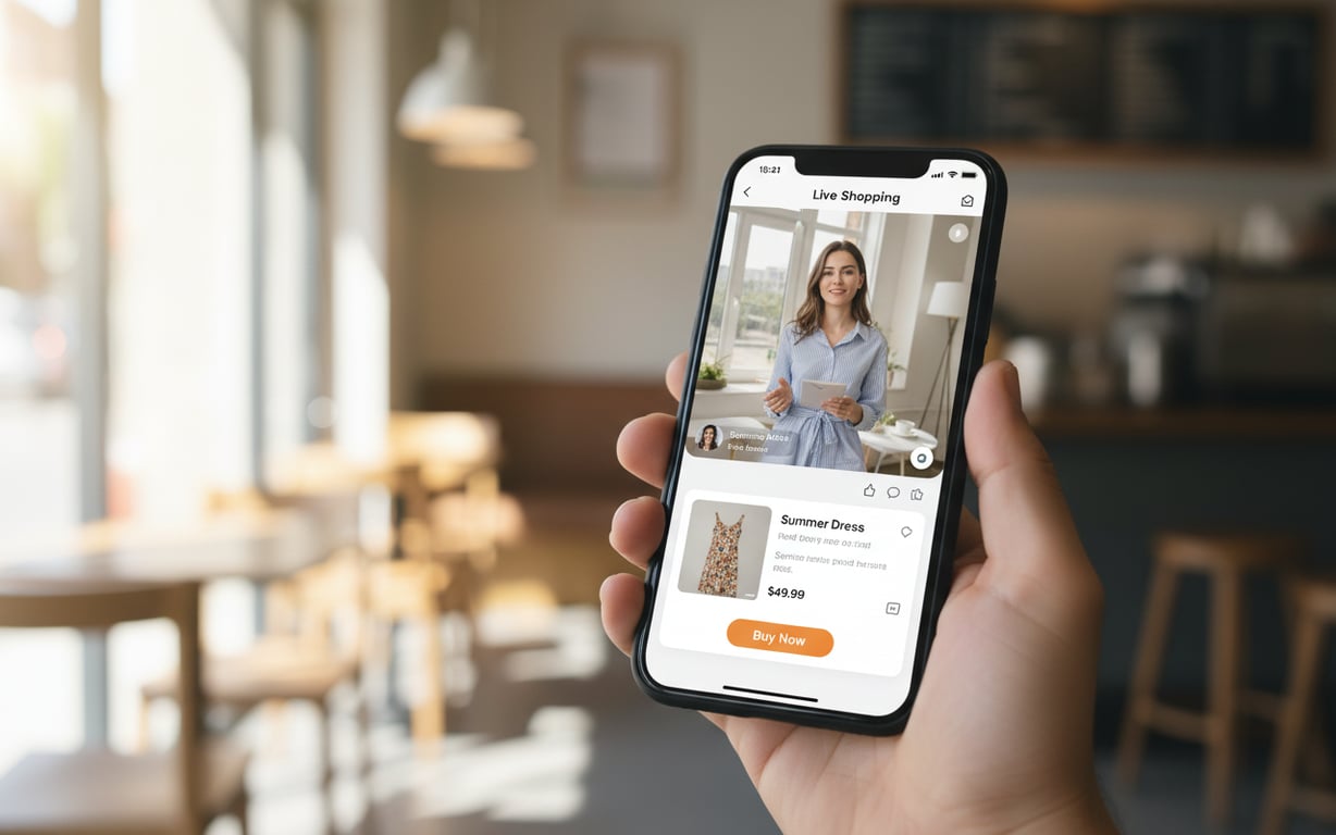 Smartphone displaying a social media live shopping app with a shoppable product card