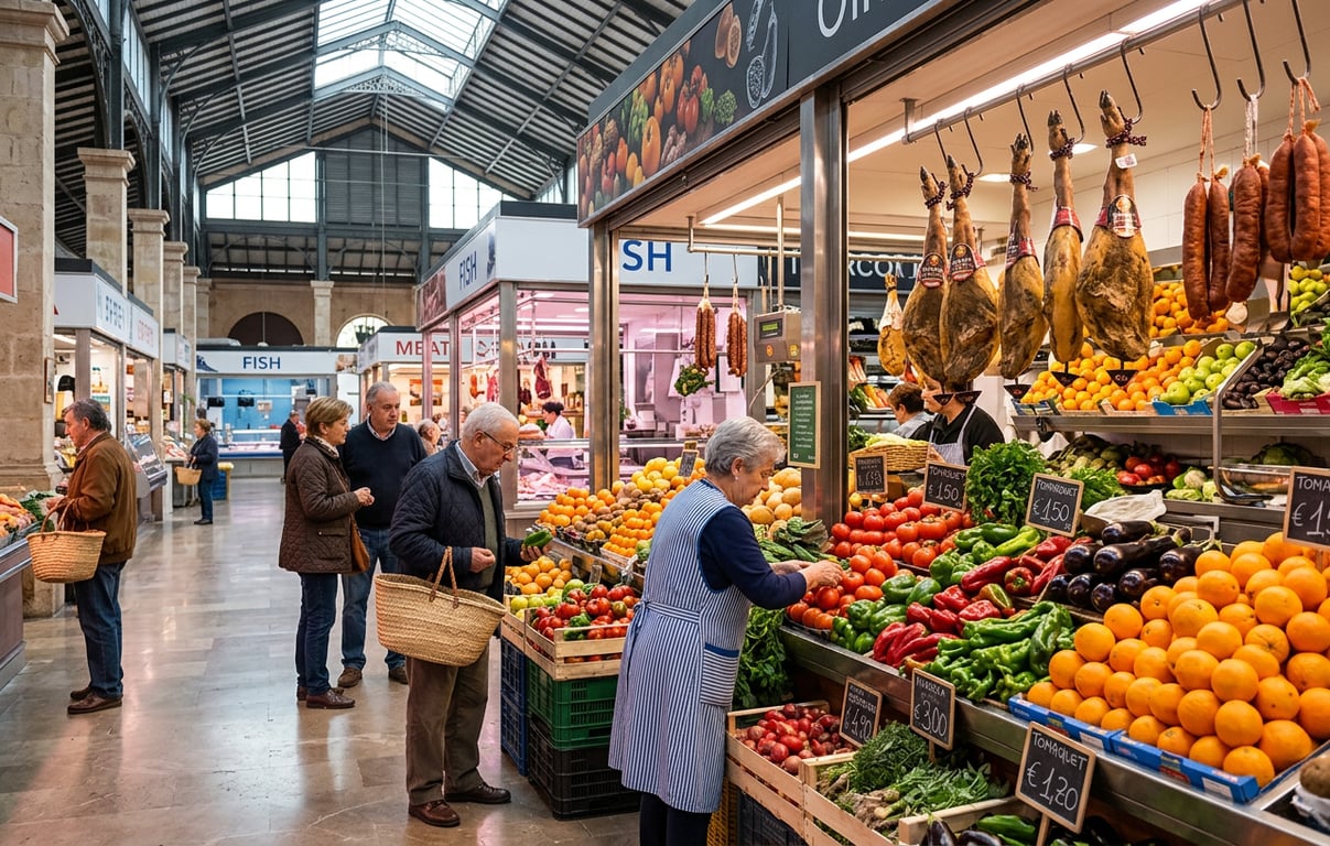 Piață tradițională mallorquină cu produse locale proaspete și standuri colorate de fructe