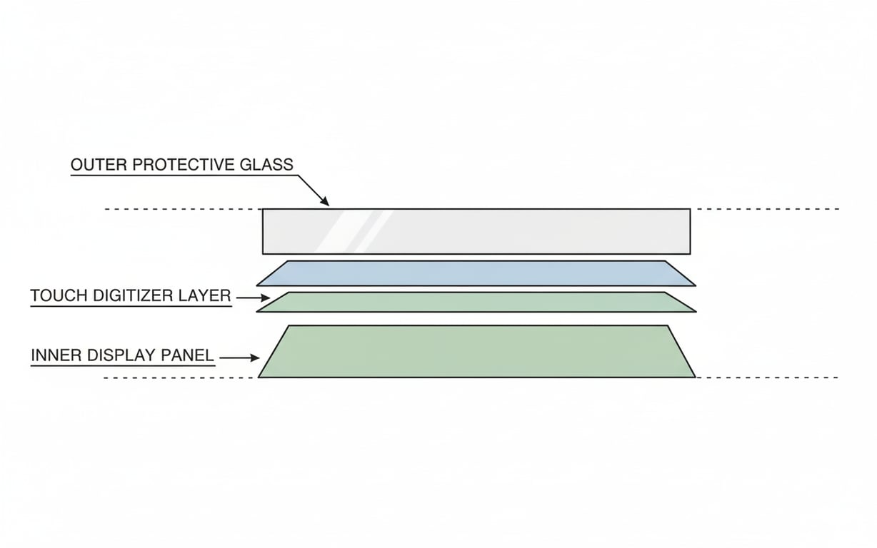 Diagrama straturilor ecranului smartphone cu sticla exterioară și display interior