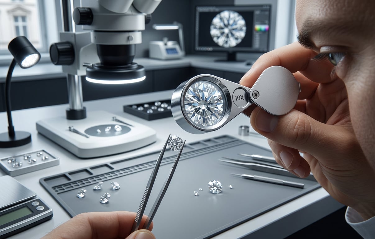 Gemolog inspectând diamant cu lupă 10x, incluziuni vizibile sub lumină direcțională rece.