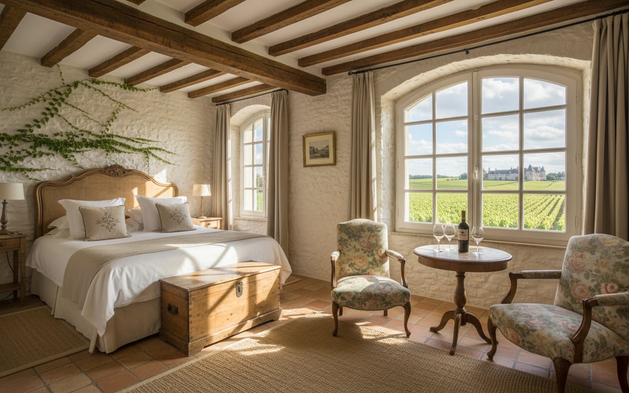 Cameră de hotel tip chateau cu vedere spre podgoriile din regiunea Bordeaux