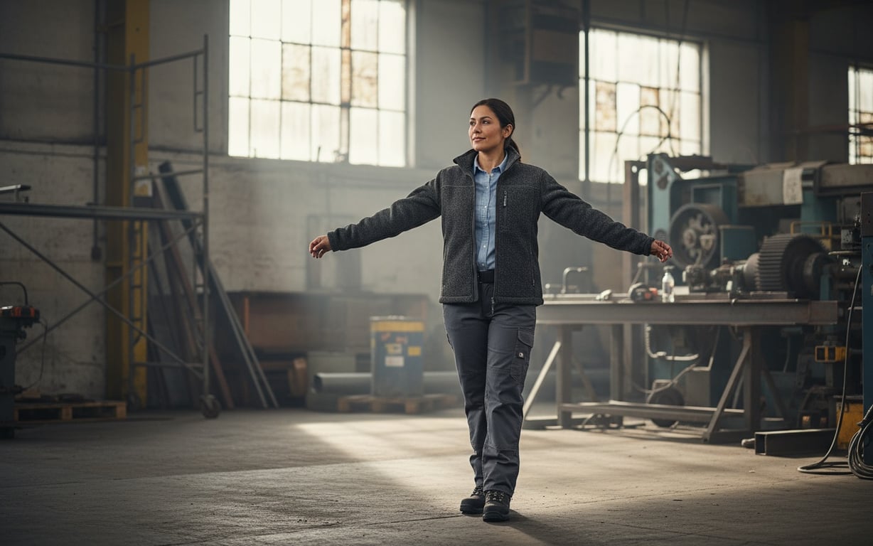 Lucrător purtând jachetă fleece profesională în mediu industrial de lucru