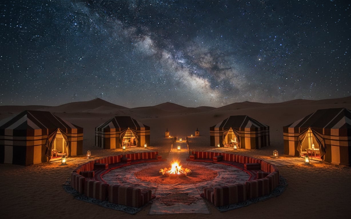 Tabără berberă cu corturi tradiționale sub cerul înstelat din deșertul Sahara