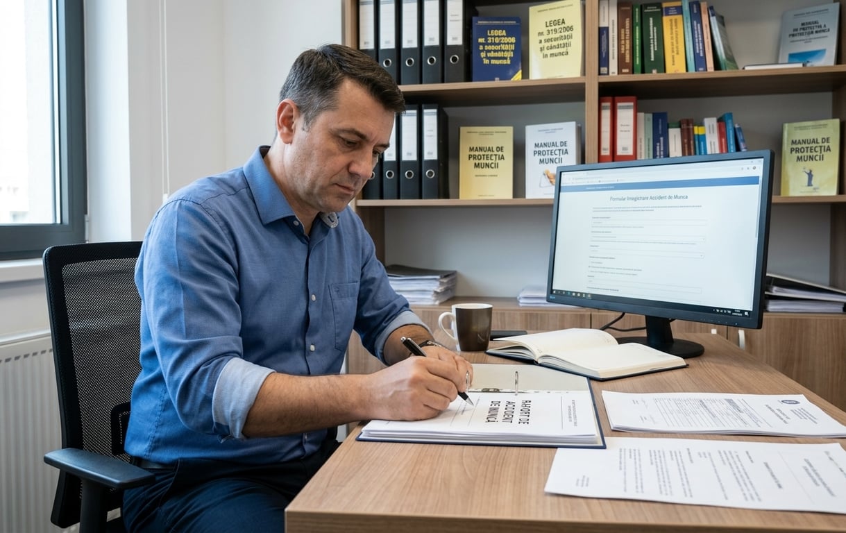 Specialist SSM completand documentatie de declarare accident de munca la birou