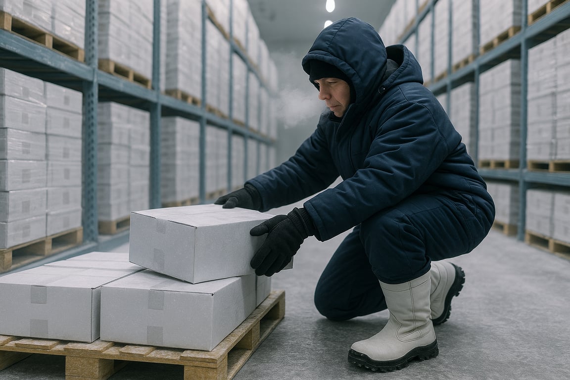 A photorealistic shot capturing a worker in a freezer warehouse wearing insulated safety boots and protective clothing, handling frozen goods. The scene is set inside a large, brightly lit freezer warehouse with rows of stacked boxes. The worker's breath is visible in the cold air, emphasizing the extreme temperature conditions. The focus is on the worker's safety and comfort in the harsh environment, highlighting the importance of specialized protective footwear.