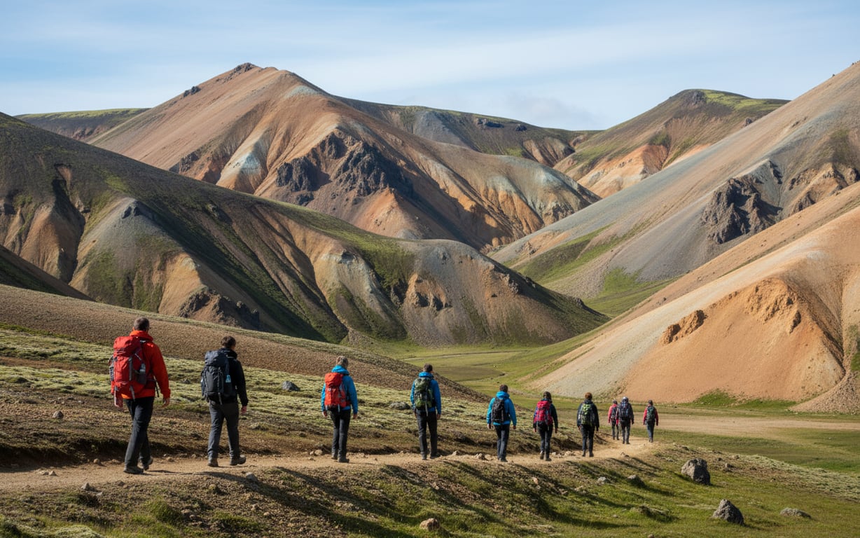 Drumeți pe traseul montan din Landmannalaugar printre munți de riolit colorați în august