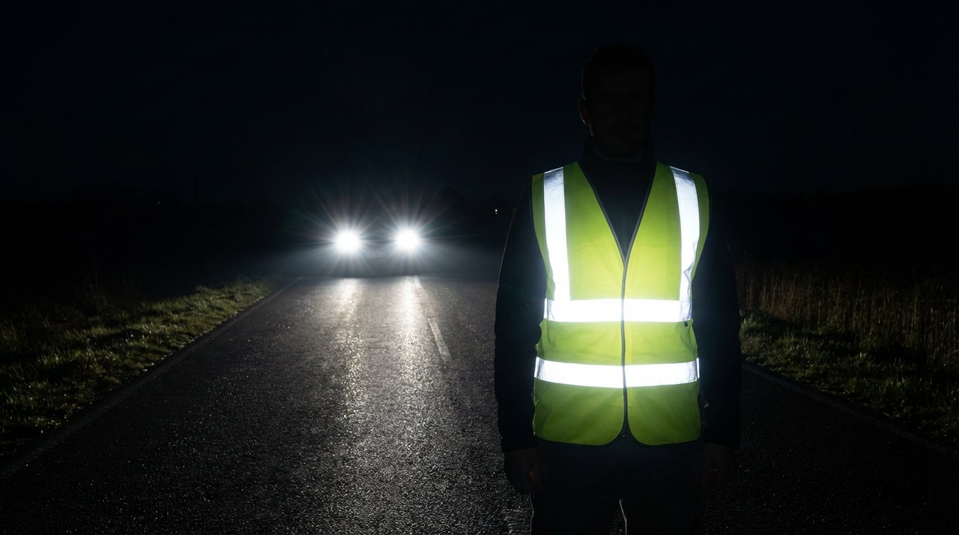 Vestă reflectorizantă testată cu lumină în condiții de noapte demonstrând eficiența benzilor