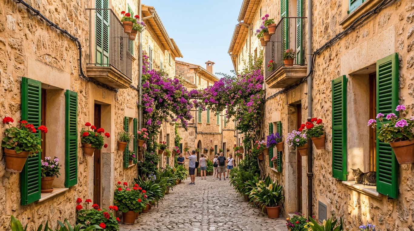 Străzi pavate cu piatră în Valldemossa cu case tradiționale galbene și ghivece colorate de flori