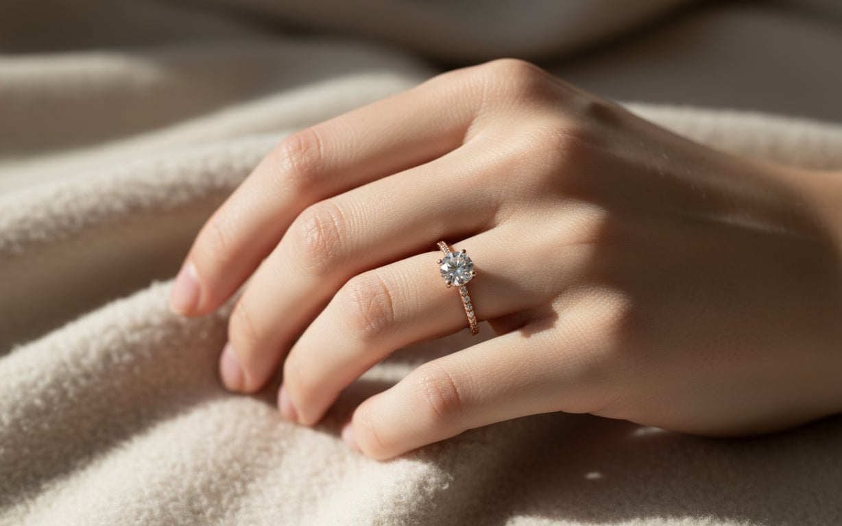 Femeie cu ten deschis purtând un inel de logodnă din aur roz cu diamant