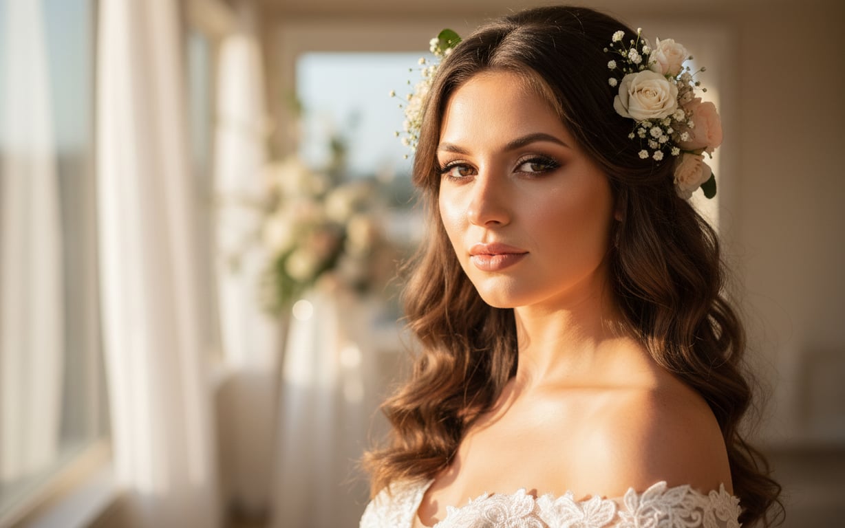 mireasa cu machiaj elegant si luminos in ziua nuntii