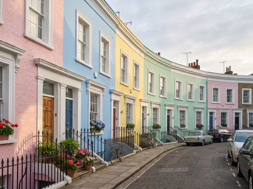 Case colorate victoriene pe străzile din Notting Hill, Londra, cu fațade pastelate